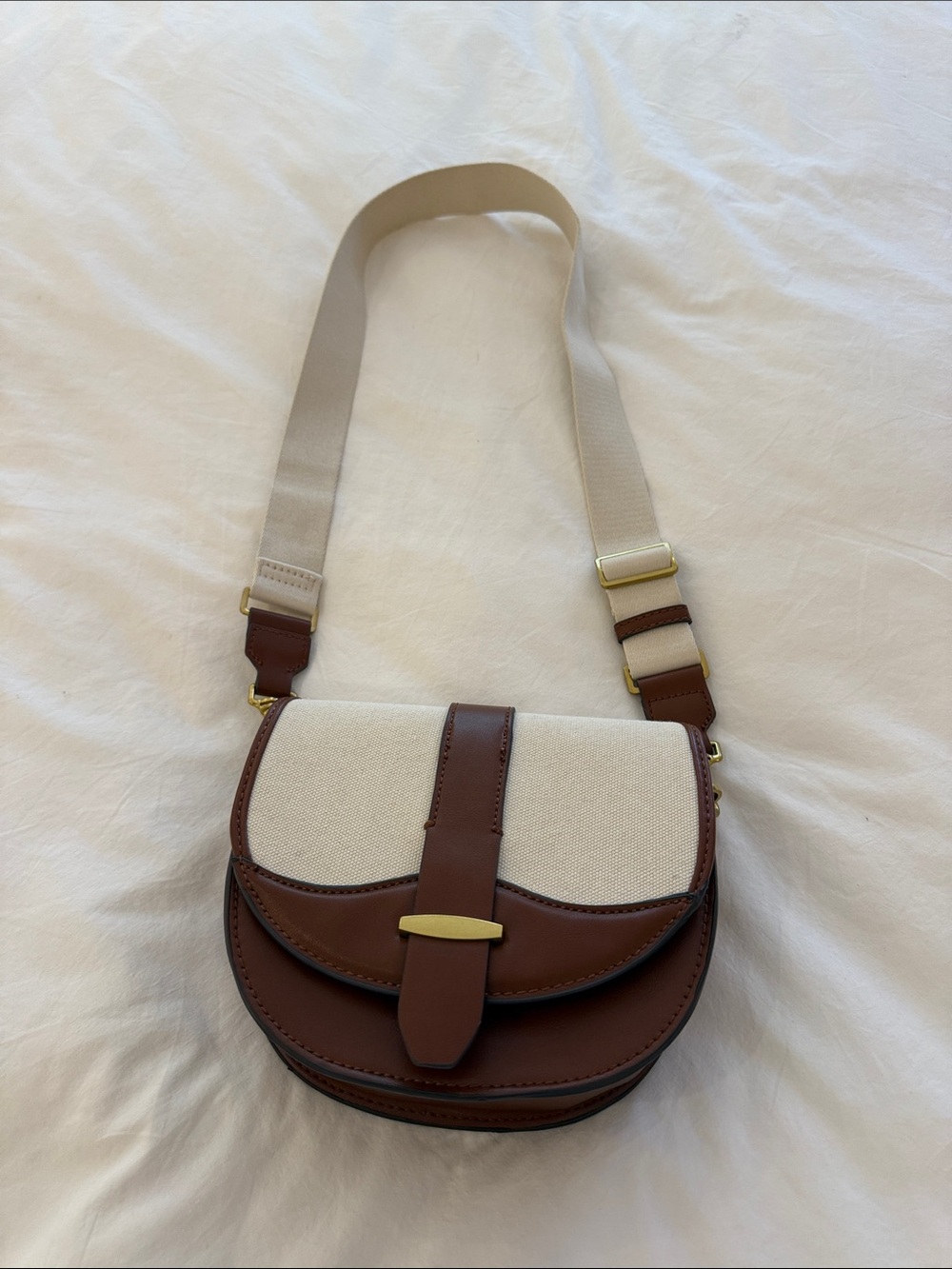 Cream and Brown Canvas Saddle Crossbody Bag